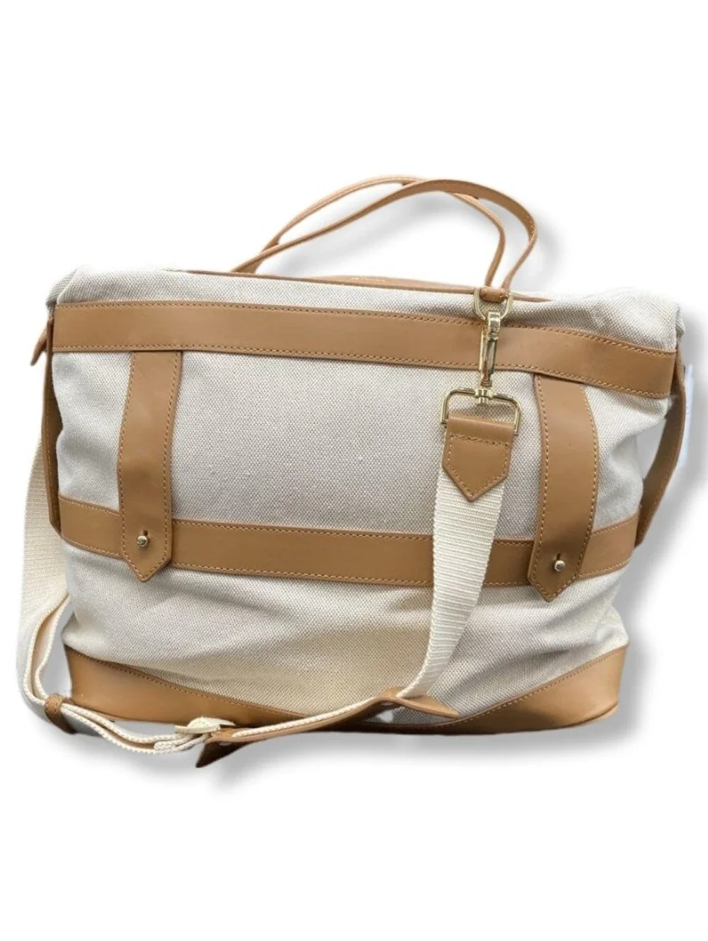 Cream Canvas Duffel with Tan Trim and Adjustable Strap